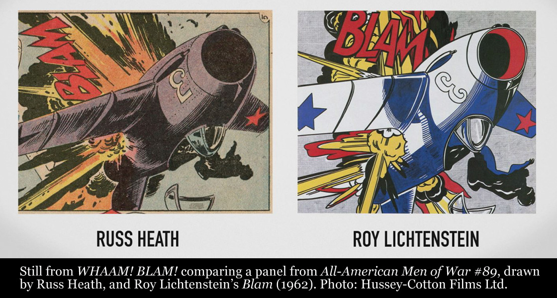 Still from WHAAM! BLAM! comparing a panel from All-American Men of War #89, drawn by Russ Heath, and Roy Lichtenstein’s Blam (1962). Photo: Hussey-Cotton Films Ltd.